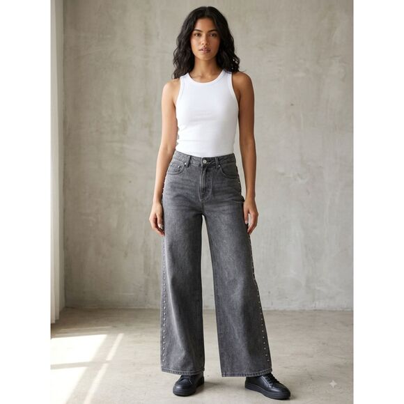 YMI Denim - NWT YMI High Rise Wide Leg Studded Gray Jeans Size 9/29